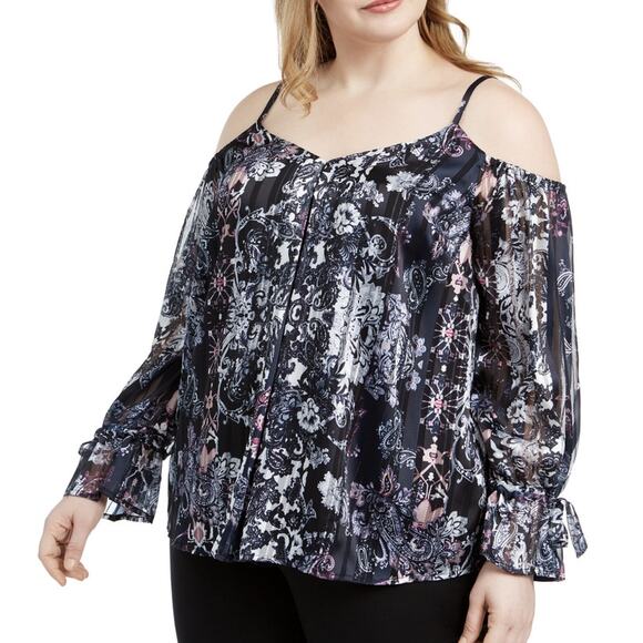 NEW INC Printed Cold Shoulder Top Cordelia Patch Plus Size 0X NWT Floral Paisley - Picture 1 of 6